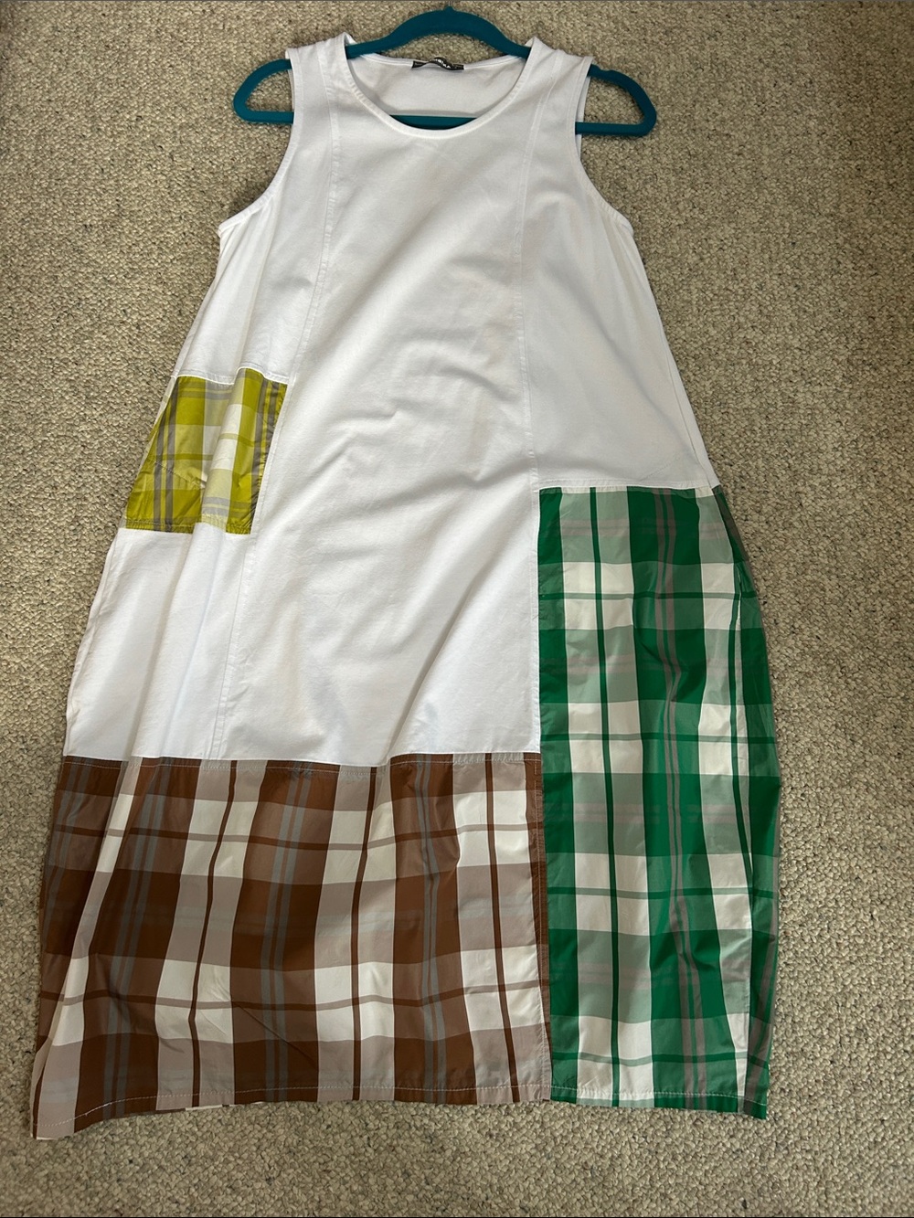 Alembika White Patchwork Dress with Green and Brown Plaid